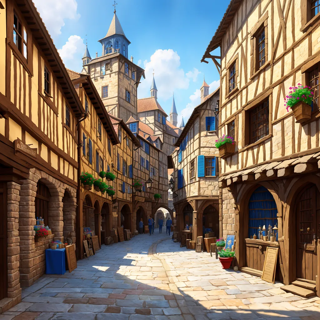 The image is a street scene in a medieval European town. The street is made of cobblestones and lined with half-timbered buildings. The buildings are mostly two or three stories tall, with steeply pitched roofs. There are a few people walking on the street, and there are some flowers and plants in pots on the windowsills. The sky is blue and there are some clouds in the distance.