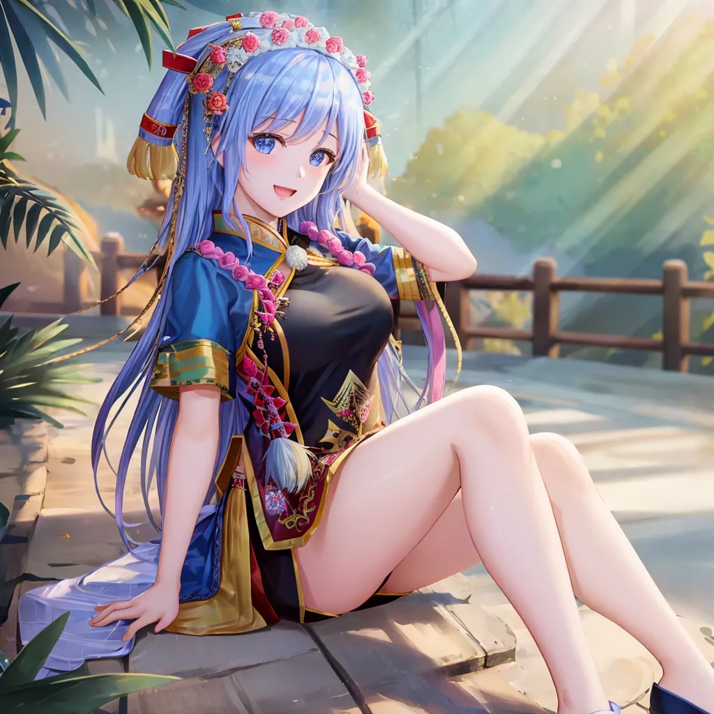 The image shows a young woman with long blue hair and blue eyes. She is wearing a blue and gold cheongsam with a pink flower pattern. She is sitting on a stone bench in a garden, and there are plants and trees in the background. The woman is smiling and has her hand on her cheek. She is wearing a pink flower hairpin and has a pink flower tattoo on her left arm.