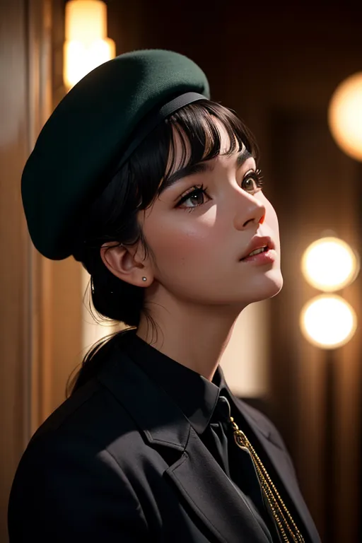 The image shows a young woman looking up with her head tilted a bit upwards to the right. She has short black hair with bangs and is wearing a green beret. She is wearing a black suit jacket with a white button-down shirt collar showing. She has a gold necklace with a pendant and a pearl earring in her left ear. There are two small lights in the background that are blurred and appear to be out of focus.