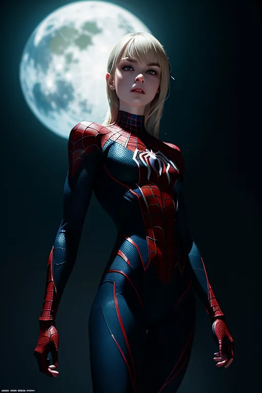 The image shows a young woman standing in front of a full moon. She is wearing a skin-tight Spider-Man suit with her blonde hair flowing out from underneath the mask. The suit has red and blue accents. She is looking at the viewer with a serious expression on her face.