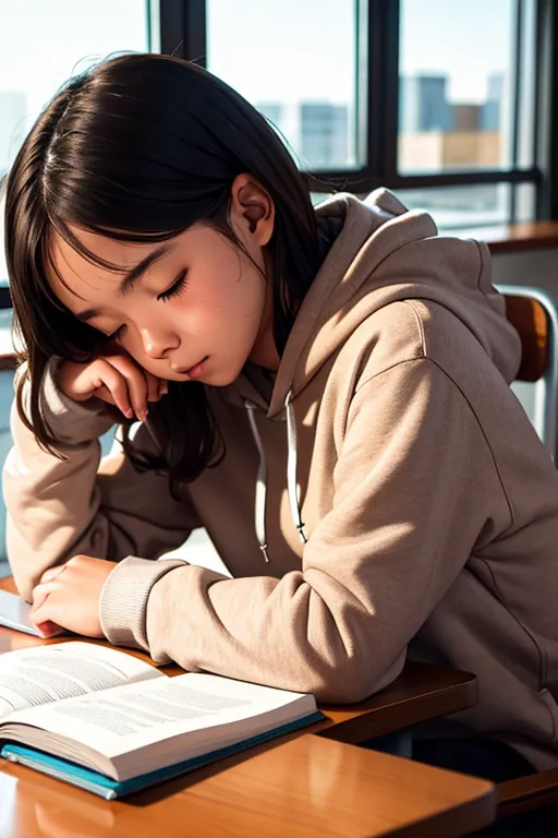 圖像顯示一個年輕女孩坐在桌子前,正在讀一本書。她有長長的黑髮和棕色眼睛。她穿着一件米色連帽衫。女孩坐在教室裏。她身後有窗戶。女孩雙手拿着書,左手託着頭。她正專注地看着書本。女孩的表情看起來很沉思。她似乎很享受這本書。