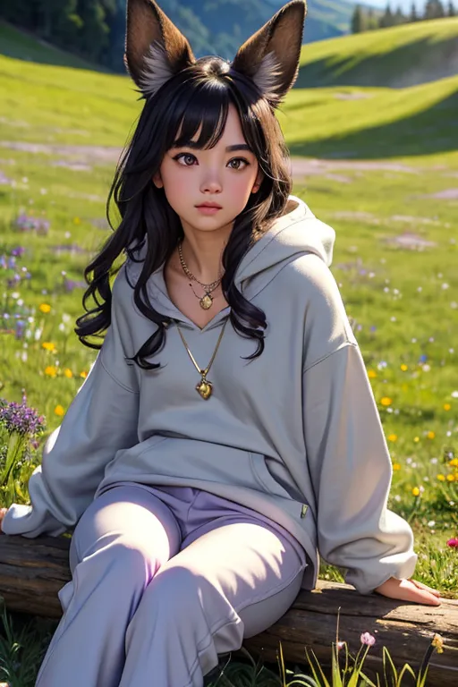 The image shows a young woman with long black hair and brown eyes. She is wearing a gray hoodie and purple sweatpants. She is sitting on a log in a field of flowers. There are mountains in the background. The woman has fox ears and a fox tail. She is looking at the camera with a curious expression on her face.