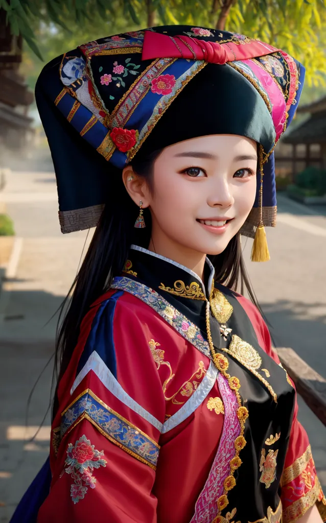 A young Chinese woman is wearing a red and blue traditional Chinese dress with a black hat. The dress has intricate patterns and designs on it, and the hat has a long tassel hanging from it. The woman has long black hair and is smiling at the camera. She is standing in a lush green forest with a road in front of her.