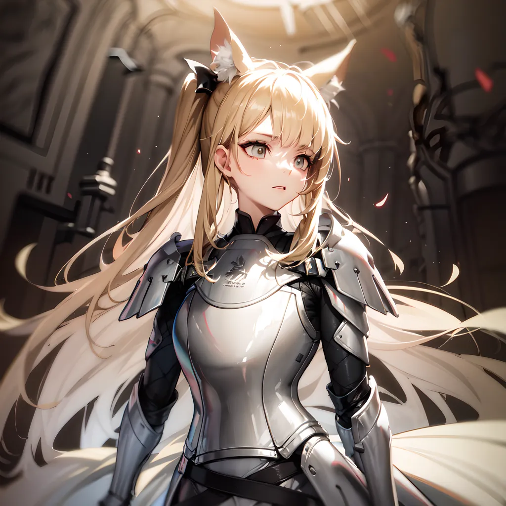 The image is of a young woman with long blonde hair and fox ears. She is wearing a suit of silver armor and has a sword in her hand. She is standing in a dark room with a stone floor. There is a large window behind her, and the light from outside is shining in. The woman's expression is one of determination and focus. She is clearly ready for battle.