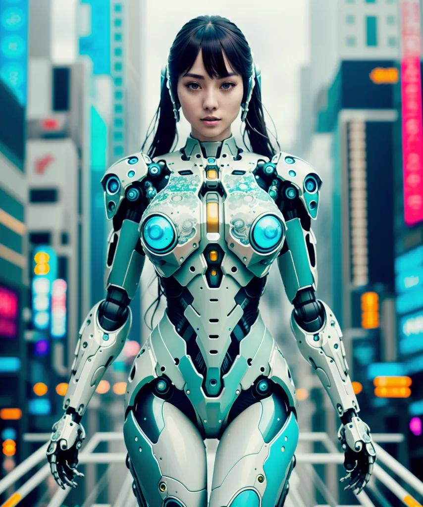 The image is a digital painting of a young woman standing in a futuristic city. She is wearing a white and blue bodysuit with a metallic sheen, and her hair is done up in a ponytail. The city is full of tall buildings and neon lights, and the sky is dark. The woman's expression is serious and determined. She looks like she is ready to face whatever challenges come her way.