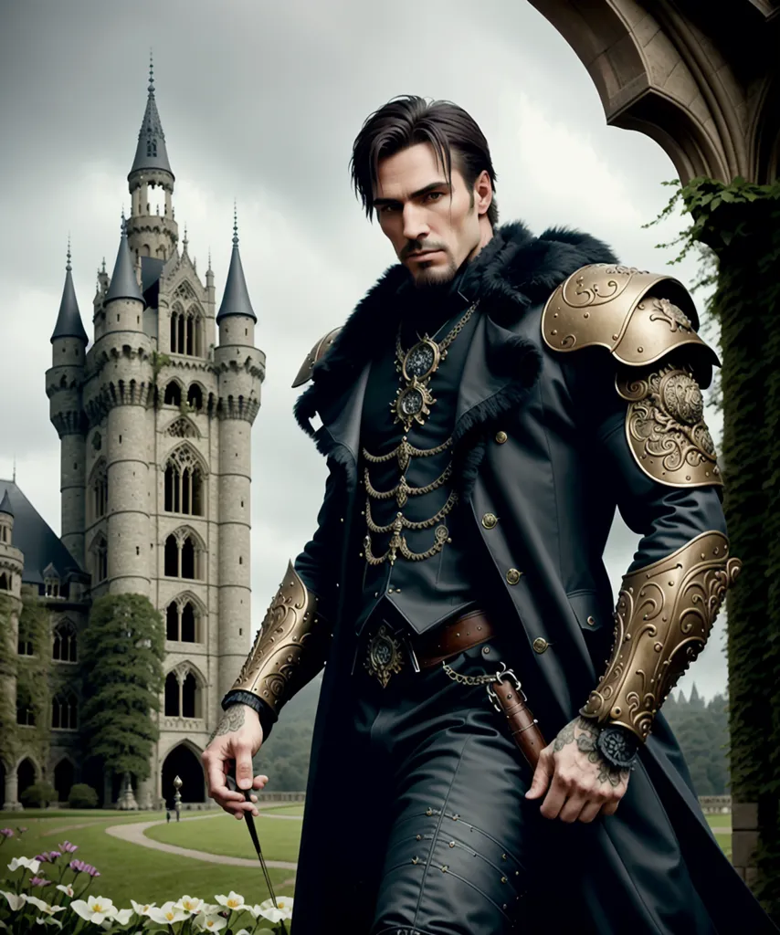 This is a picture of a man in a black and gold outfit. He is wearing a black coat with gold trim and gold buttons. He is also wearing black pants and a black vest. He has a gold chain around his neck and a gold earring in his left ear. He is standing in front of a castle with a sword in his hand. The castle is made of gray stone and has turrets on the corners. There are trees and flowers in the foreground.