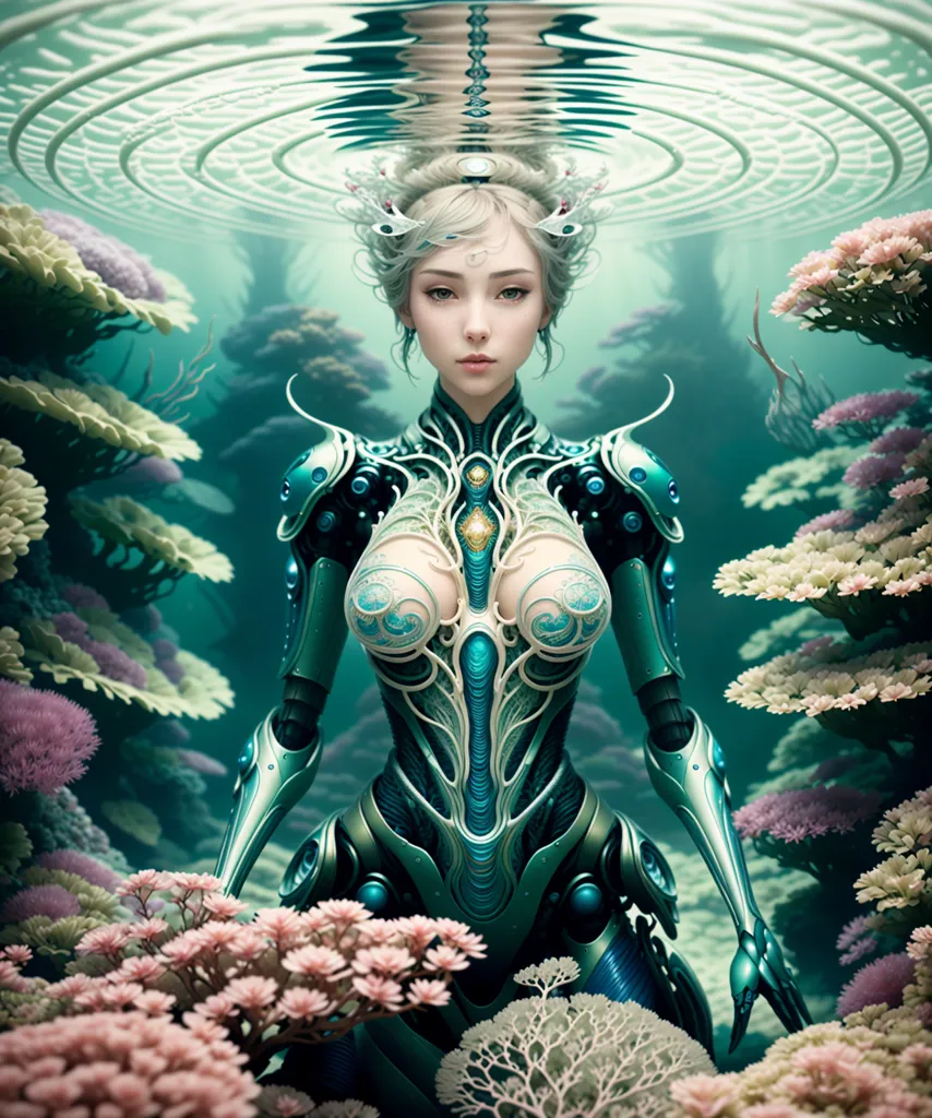 The image is a depiction of a woman who appears to be a cyborg or some other type of advanced being. She is standing in a body of water, with her head and shoulders emerging from the surface. The water is crystal clear. The woman's body is mostly covered in a green and blue suit of armor, with various glowing lights and circuitry visible. Her face is pale, with light blue eyes and full lips. She has long white hair that flows out behind her head. The background of the image is a blur of coral and other sea life.