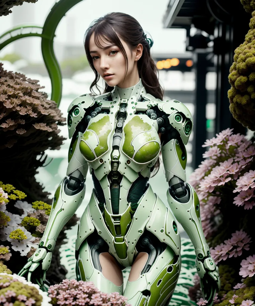 The image depicts a female gynoid standing in a lush, overgrown garden. The gynoid is wearing a green and white bodysuit that reveals her robotic endoskeleton. She has long brown hair, green eyes, and a serene expression on her face. The garden is filled with various plants and flowers, and the gynoid is standing in a patch of tall grass. The background of the image is a blurred cityscape.