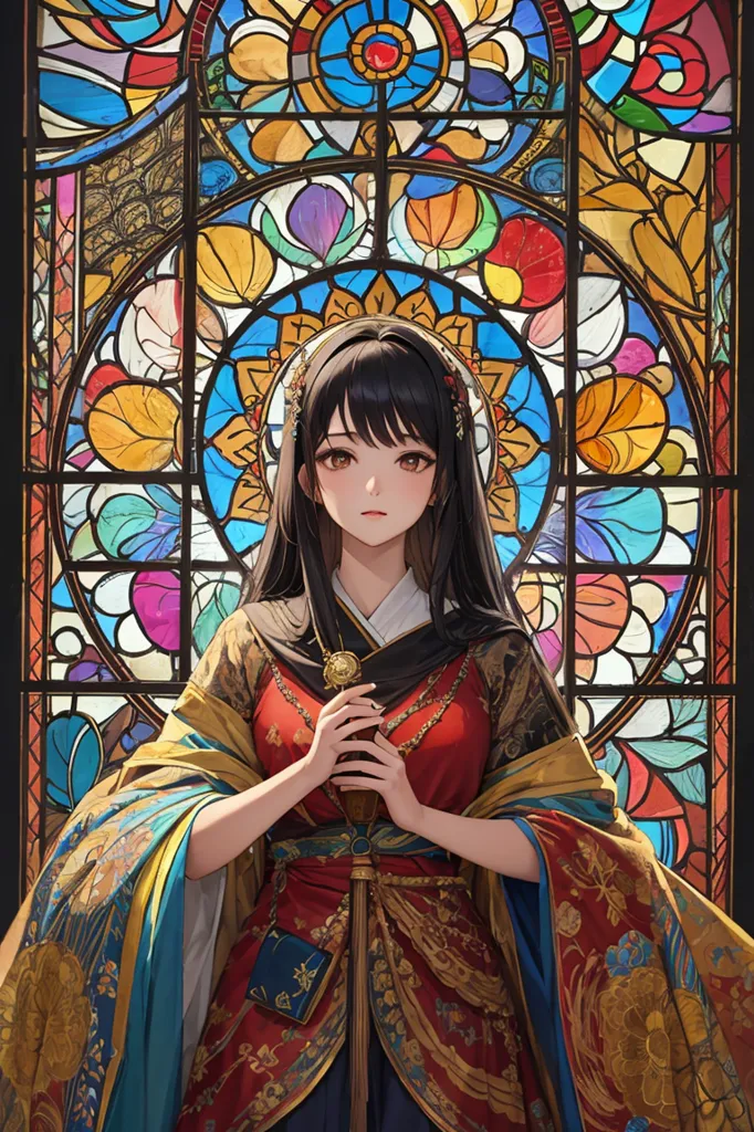 La imagen es una pintura de una mujer japonesa con ropa tradicional. Ella está de pie frente a una ventana de vidrio emplomado. La mujer lleva un kimono rojo y dorado con un obi blanco. Tiene el cabello negro y largo y ojos marrones. La ventana de vidrio emplomado está compuesta por muchos colores diferentes, incluyendo rojo, azul, verde y amarillo. La mujer está sosteniendo una naginata en sus manos.