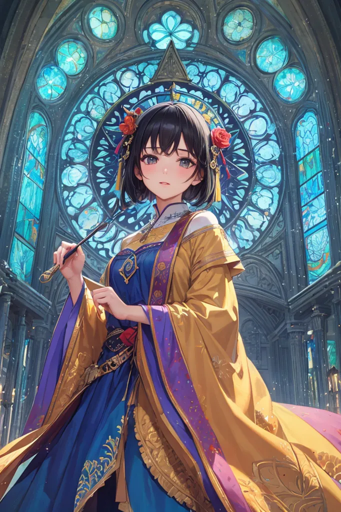 The image is of a young woman standing in front of a stained glass window. She is wearing a blue and gold hanfu with a red and white sash. Her hair is black and short with red and white flowers in it. She is holding a brush in her right hand. The background is of a church with blue and green stained glass windows.