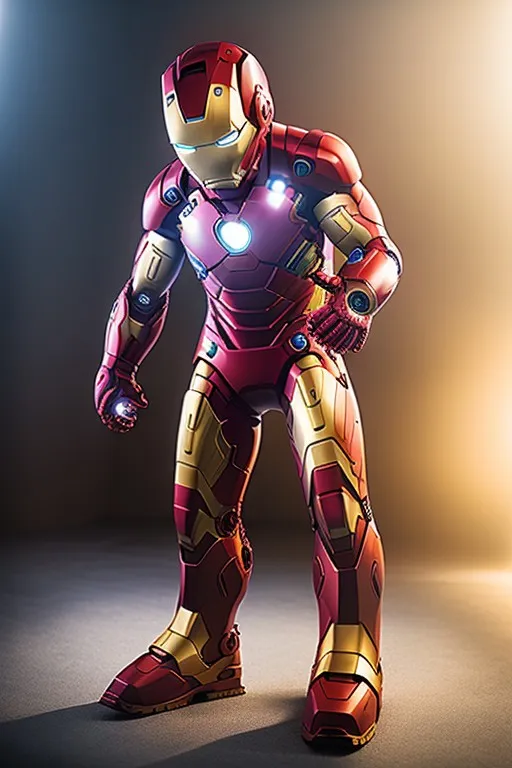 The image shows a man-sized Iron Man suit. The suit is red and gold, with a glowing blue arc reactor on the chest. The suit has a variety of weapons and gadgets, including repulsor blasts, a unibeam, and a variety of missiles. The suit is also equipped with an AI system called JARVIS, which helps the wearer operate the suit and provides information about the surrounding area.