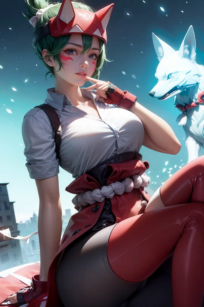 The image is of a young woman with green hair and fox ears. She is wearing a white shirt, red vest, and red pants. She is also wearing a pair of goggles and has a wolf companion with her. The background is a cityscape with a blue sky and white clouds. The woman is sitting on a rooftop looking at the view.