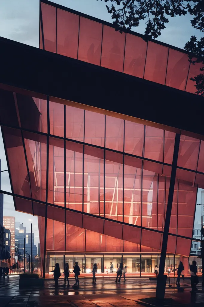 The image is a modern glass and steel building with a pink-colored facade. The building is located in an urban area, and there are people walking around outside. The building is reflecting the city lights, and the sky is dark. The building is very tall, and it is made of many different shapes and sizes of glass and steel. The building is very modern, and it looks like it would be a very nice place to work or live.