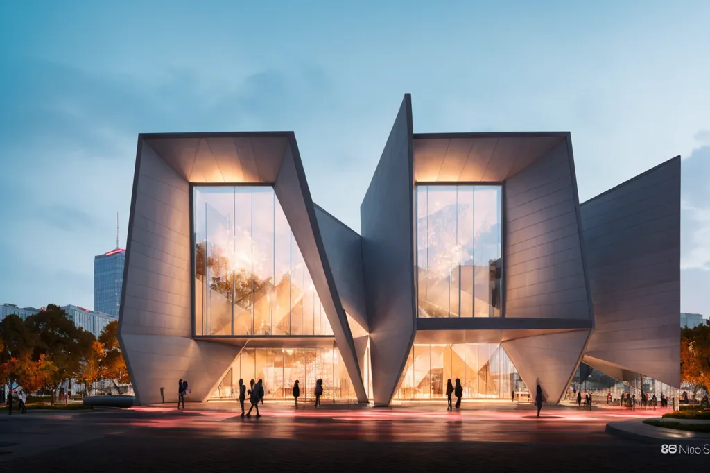 L'image est un bâtiment moderne avec un design géométrique. Le bâtiment est fait de béton gris et a de grandes fenêtres en verre. Il y a des gens qui marchent autour du bâtiment. Le ciel est bleu et il y a quelques arbres en arrière-plan. Le bâtiment est éclairé de l'intérieur.