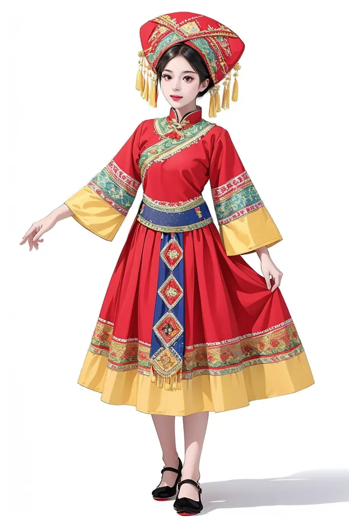 The image shows a young woman wearing a red and yellow Chinese dress. The dress has a high collar and long sleeves. The skirt is pleated and has a yellow underskirt. The woman is wearing a red and yellow hat with long tassels. She is also wearing black shoes with red soles. The woman is standing with her left hand extended.