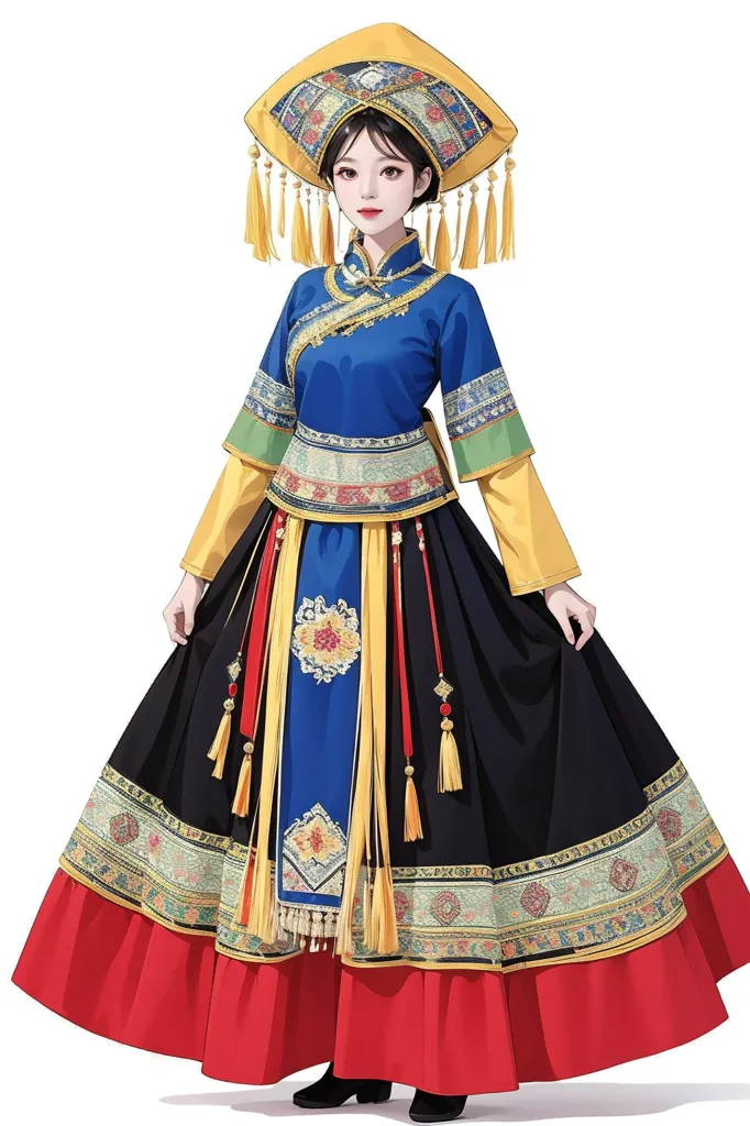 L'image montre une jeune femme portant une robe traditionnelle chinoise appelée Hanfu. La robe est bleue et jaune avec une broderie complexe et une garniture dorée. Elle porte également un couvre-chef traditionnel chinois appelé Tangguan, qui est un type de chapeau avec un haut long et pointu et deux longues brides incurvées qui pendent sur les oreilles. Les cheveux de la femme sont longs et noirs, et elle porte un maquillage traditionnel chinois. Elle se tient les pieds à la largeur des épaules et les bras le long du corps. L'arrière-plan est blanc et il n'y a pas d'autre information dans l'image.