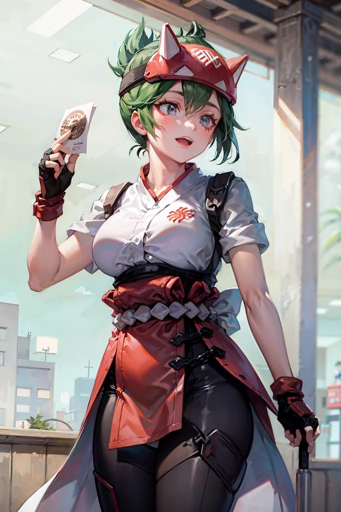 The image depicts a young woman standing in a modern city. She has green hair and blue eyes. She is wearing a white shirt, red apron, and black pants. She is also wearing a pair of gloves and a hat with fox ears. She is holding a stack of papers in her right hand. She has a cheerful expression on her face.