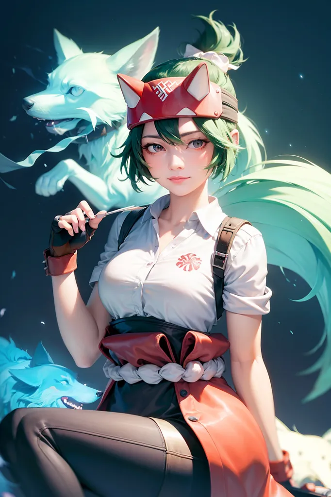 The image is a portrait of a young woman with green hair and brown eyes. She is wearing a white shirt, a red vest, and a brown belt. She has a fox mask on her head and is holding a knife in her right hand. There are two wolves behind her, one white and one blue. The background is dark blue.