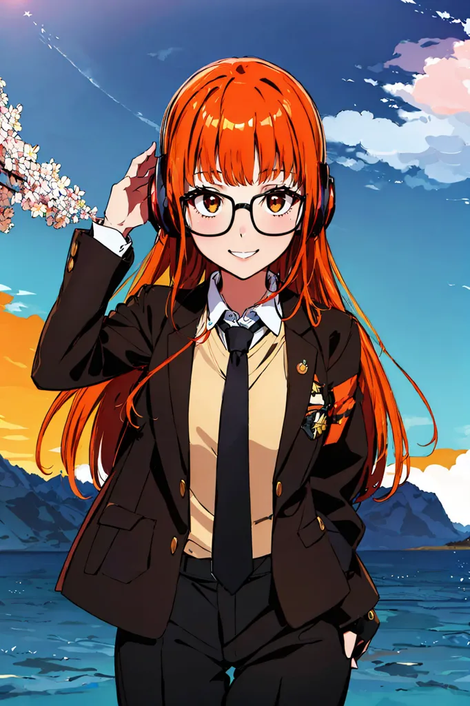 This image shows a young woman with orange hair and brown eyes. She is wearing a white dress shirt, black suit jacket, and black pants. She is also wearing glasses and headphones. She is standing in front of a body of water with mountains in the background. The sky is blue and there are clouds in the sky. There are also some cherry blossoms on the tree branches near her.