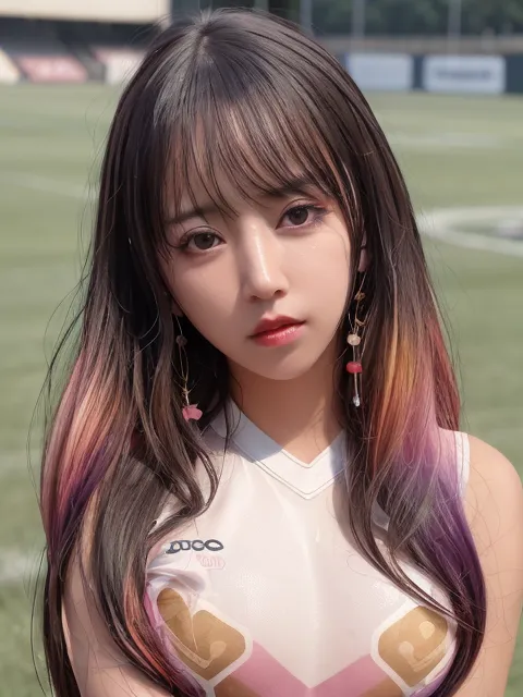 A imagem mostra uma jovem mulher com cabelos castanhos longos e franja. Seu cabelo está estilizado com destaques rosa e roxo. Ela está usando uma regata branca com um sutiã esportivo rosa e preto por baixo. Ela também está usando um par de brincos pretos. A mulher está em pé em um campo e tem uma expressão séria no rosto.