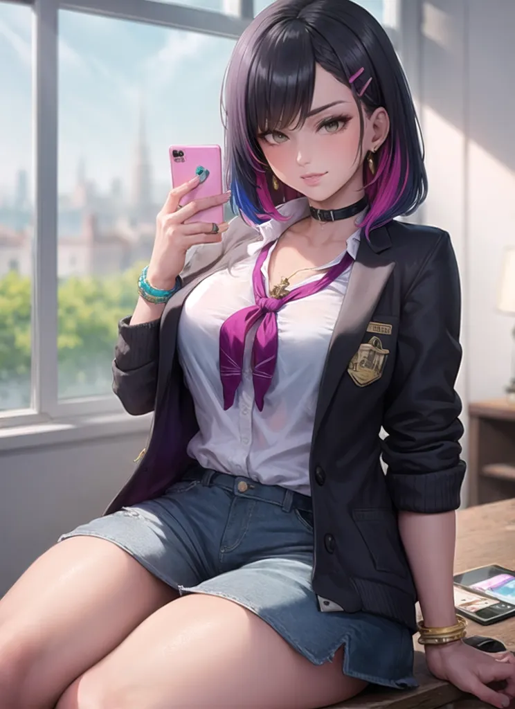 The image shows a young woman sitting on a chair in front of a window. She is wearing a white blouse, a gray blazer, and denim shorts. She has black hair with blue and purple streaks and purple eyes. She is holding a pink phone in her right hand and has the other hand resting on the table with two phones on it. She is looking at the camera with a slight smile on her face.