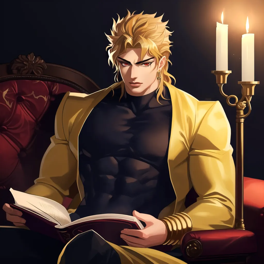 This is an image of a man with blond hair and blue eyes. He is wearing a black turtleneck sweater and a yellow jacket. He is sitting in a red armchair and reading a book. There is a lit candle on a golden stand next to him. The background is dark.