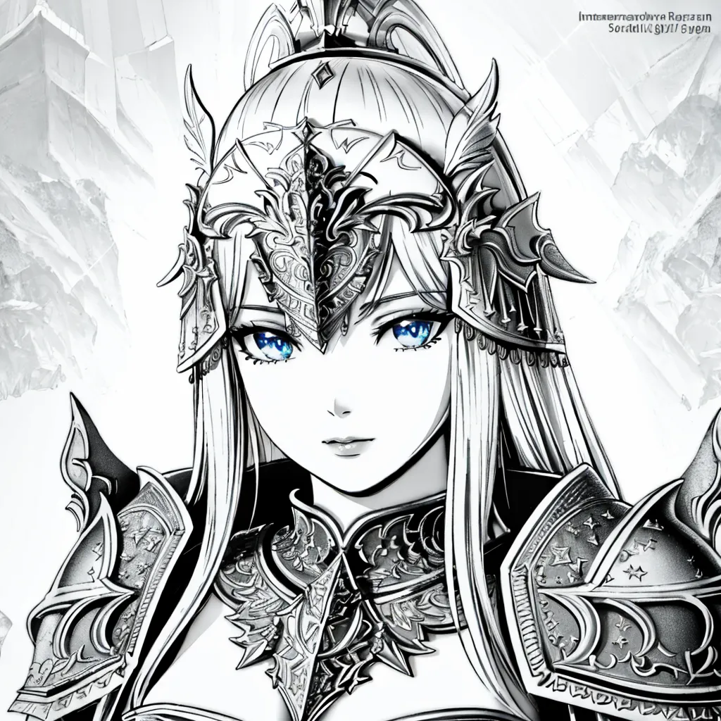 The image is a black and white portrait of a female knight. She has long, flowing hair and is wearing a suit of armor. The armor is decorated with intricate designs, and she is wearing a helmet with a visor. The knight's eyes are narrowed, and she looks like she is ready for battle. The background is a blur of gray and white, and it looks like the knight is standing in a snowy forest.