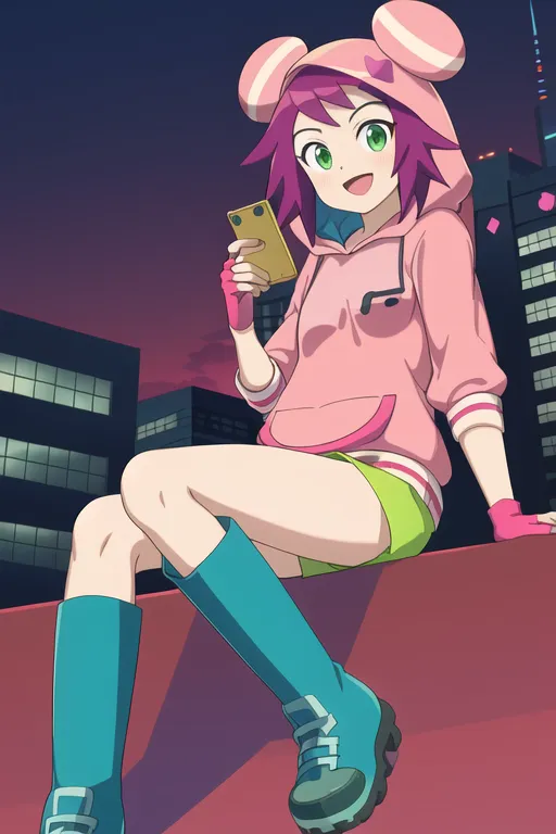 The image shows a young girl sitting on a rooftop at night. She has pink and purple hair, green eyes, and is wearing a pink hoodie, green shorts, and blue boots. She is looking at her phone. The background shows a cityscape with tall buildings.