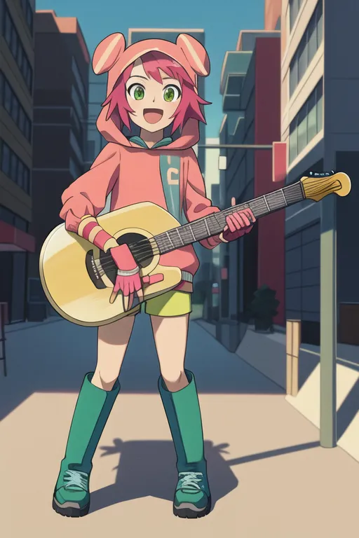 A imagem mostra uma garota de anime com cabelo rosa e olhos verdes. Ela está usando um moletom rosa, shorts verdes e sapatos verdes e brancos. Ela está tocando um violão acústico. O fundo é uma rua da cidade com edifícios de ambos os lados. A garota está sorrindo e parece feliz.