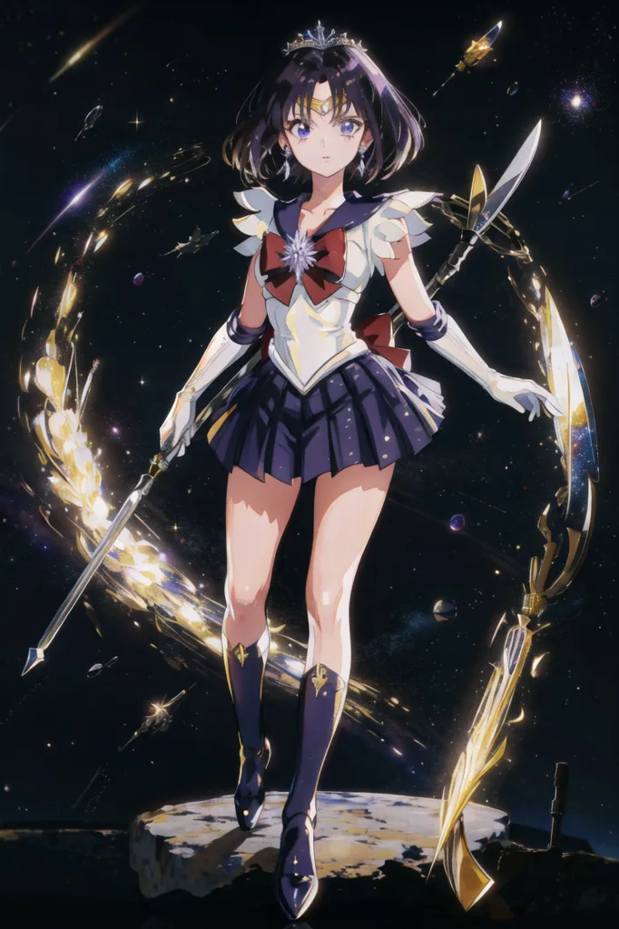 The image shows a young woman with short black hair and blue eyes. She is wearing a white and blue sailor fuku-style outfit with a red bow at the front. She is also wearing white gloves and boots. She is standing on a small rocky planetoid in space. She is holding a golden staff in her right hand and a golden sword in her left hand. There are stars and planets in the background.