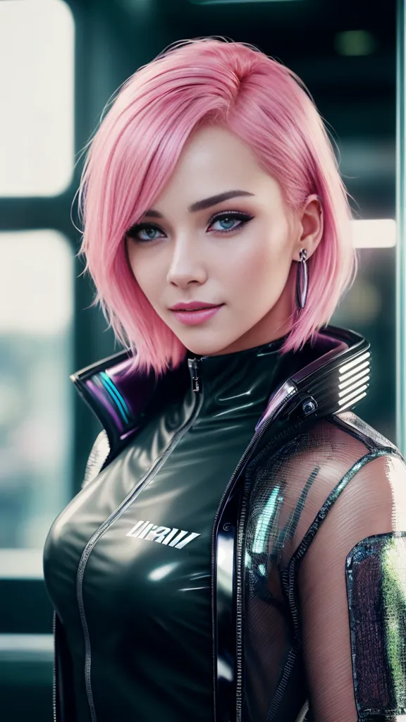 The image shows a young woman with pink hair and blue eyes. She is wearing a black leather jacket with a high collar. The jacket is open, showing a silver-gray bodysuit underneath. She is also wearing a pair of silver earrings. Her hair is cut in a short bob with bangs. Her makeup is natural, with a light pink blush and a nude lip. She is standing in front of a blue background, with a city skyline in the distance.