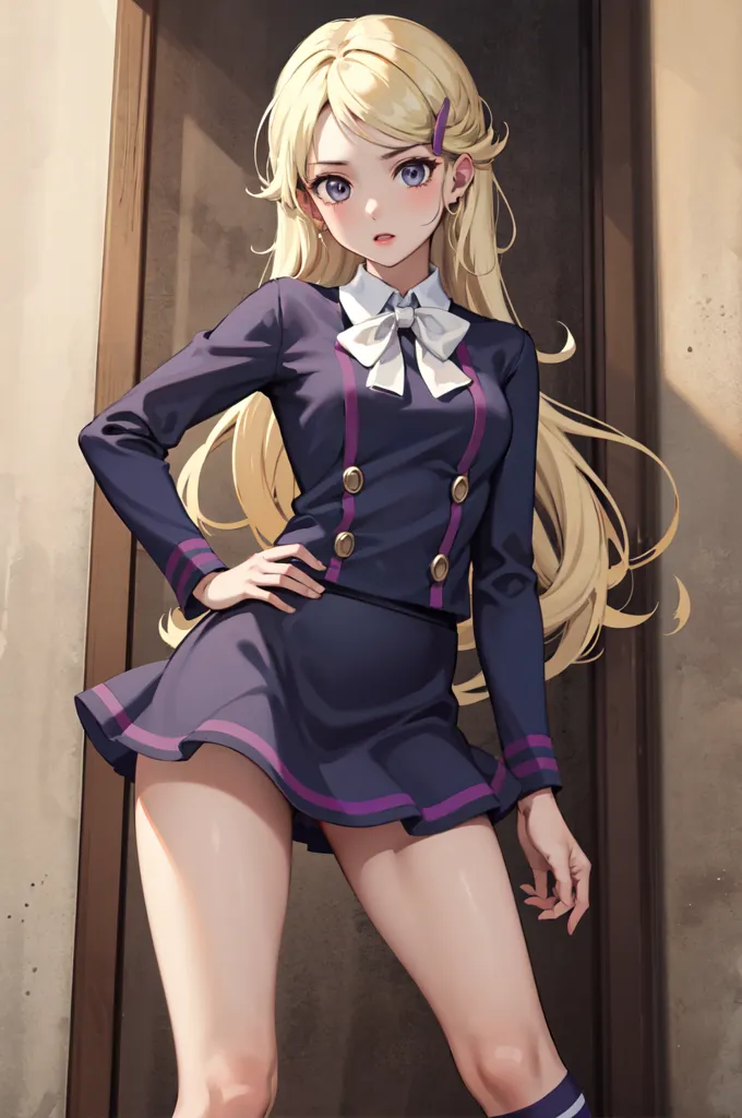 The image depicts a young woman with long blonde hair and purple eyes. She is wearing a dark purple blazer with gold buttons and a white bowtie. The blazer has purple trim around the collar and cuffs. She is also wearing a short pleated skirt, dark purple socks, and brown shoes. She has her right hand on her hip and is looking at the viewer with a slightly defiant expression. She is standing in front of a wooden door.