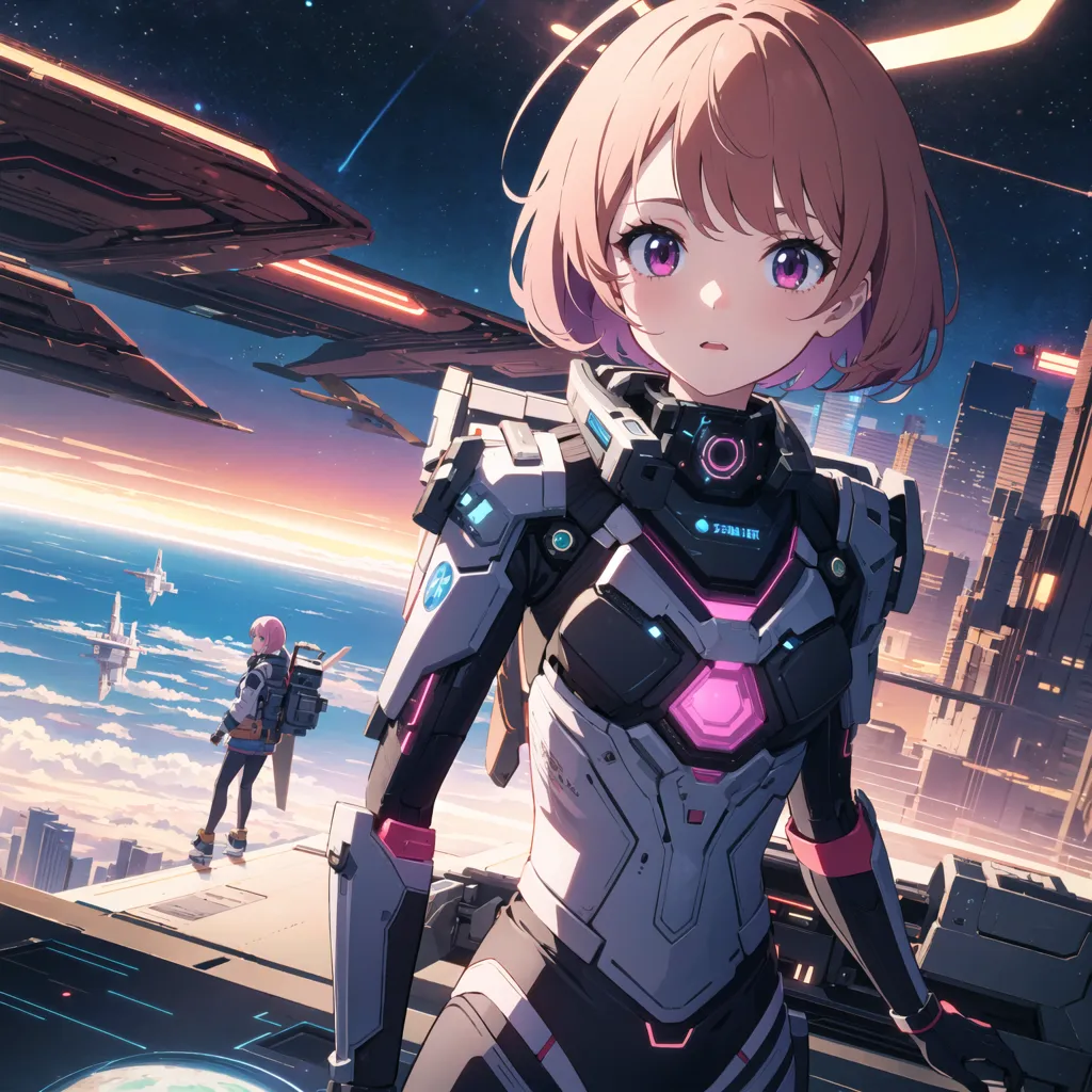 This is an anime-style illustration of a young girl in a futuristic setting. She is wearing a white and pink bodysuit with a clear bubble helmet. There are several large spaceships in the background and a city in the distance. The girl is standing on a platform and there is another girl with a backpack standing on a platform in the background.