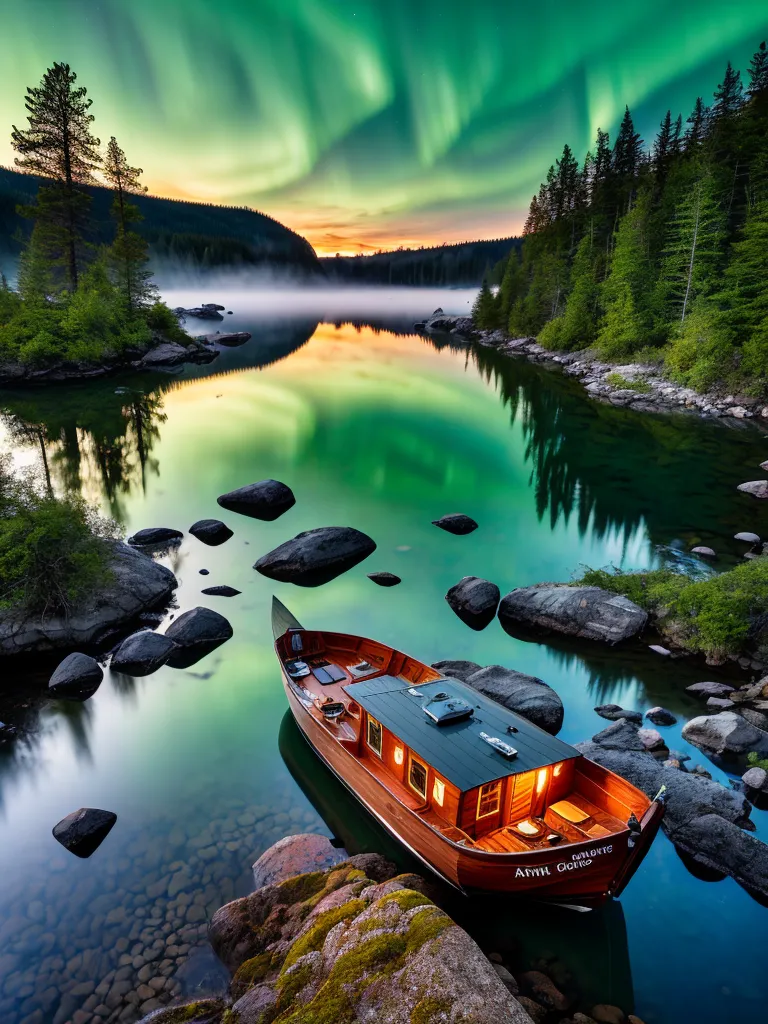 The photo shows a wooden boat on a lake surrounded by trees. There is a beautiful sunset and the sky is reflecting off the water. The boat is docked next to some rocks and there are some trees in the background. The water is calm and still. The sky is a deep blue and the sun is setting. The trees are a dark green and the leaves are reflecting off the water. The rocks are a light gray and they are covered in moss. The boat is a dark brown and it is docked next to a rock. The boat has a white roof and there is a light coming from the inside of the boat. There is a beautiful green and blue aurora in the sky.