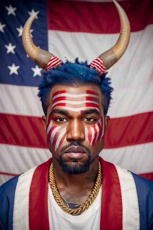 This image shows a man with blue hair and horns. The man is wearing a red, white, and blue striped headband and has face paint on his cheeks and chin. He is also wearing a gold necklace and a white shirt. The man is standing in front of an American flag.