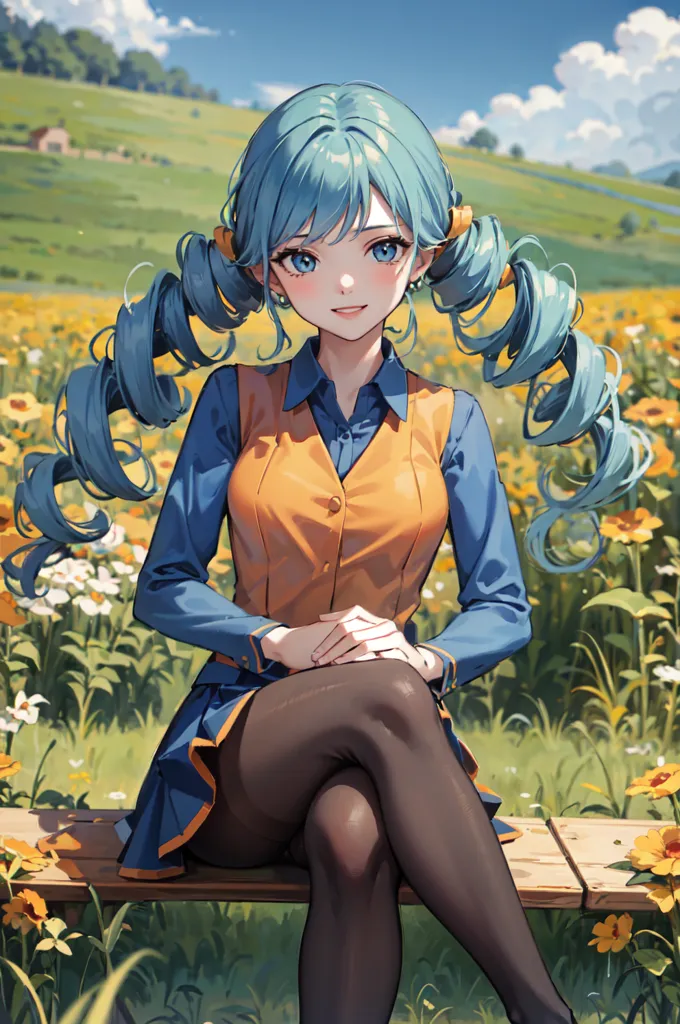 The image is of an anime girl with long blue hair and green eyes. She is wearing a blue shirt, an orange vest, and a black skirt. She is sitting on a bench in a field of flowers. There are green hills in the background. The image is drawn in a realistic style and the colors are vibrant.