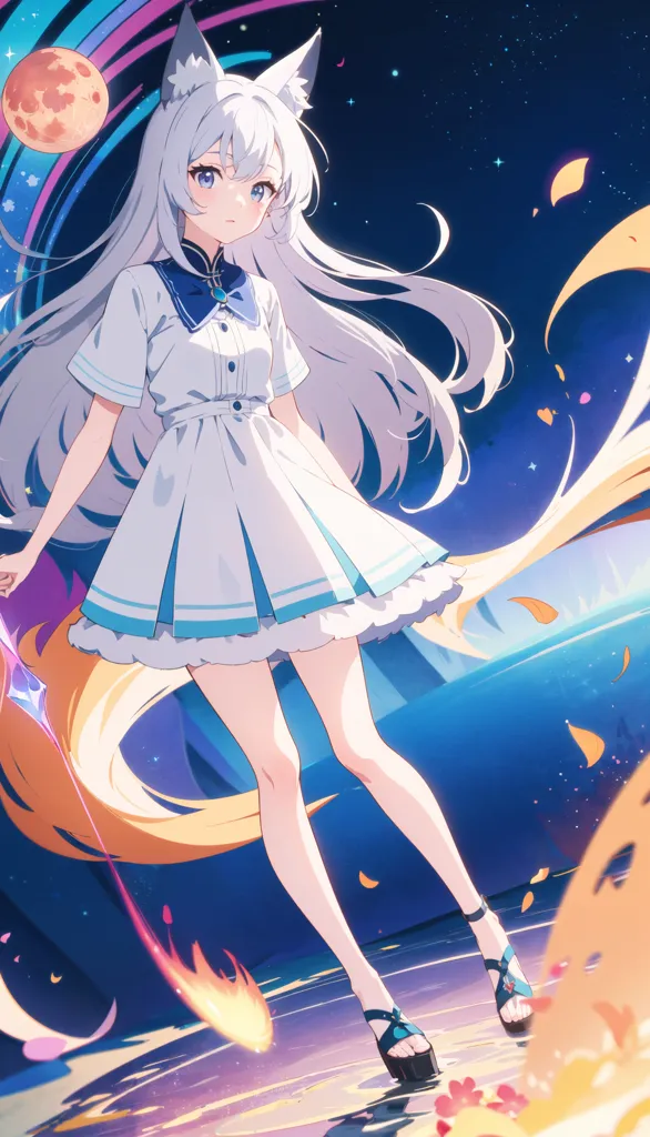 The image is an anime-style illustration of a girl with white hair and fox ears. She is wearing a white dress with a blue collar and blue trim. She is also wearing blue sandals. The girl is standing on a platform in the middle of a starry night sky. There is a large moon in the background. The girl is holding a sword in her right hand. The sword is glowing. There are also some glowing particles floating around the girl.