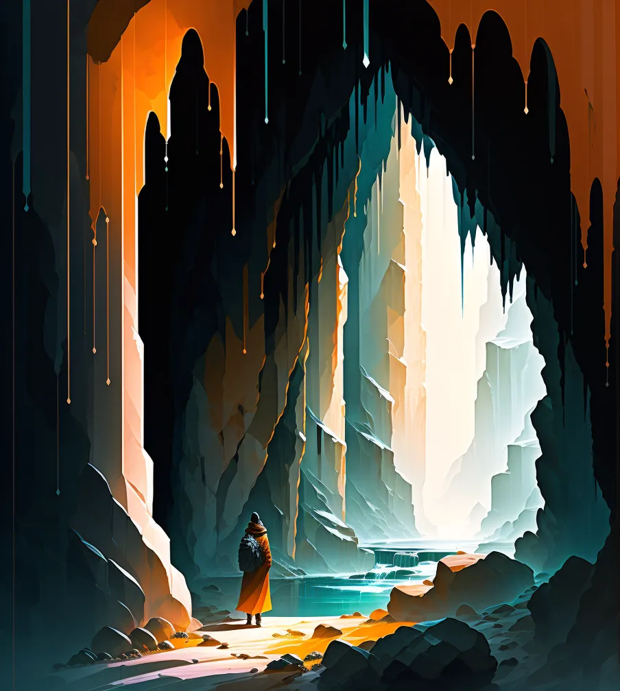 The image is a depiction of a vast cave system. The cave walls are a deep orange color, and the floor is covered in a layer of sand and rocks. There is a river running through the cave, and the sound of dripping water can be heard throughout. The cave is dimly lit, and the only source of light is coming from a few small openings in the ceiling. A lone figure stands in the center of the cave, looking out at the river. The figure is wearing a long cloak, and their face is obscured by the shadows.