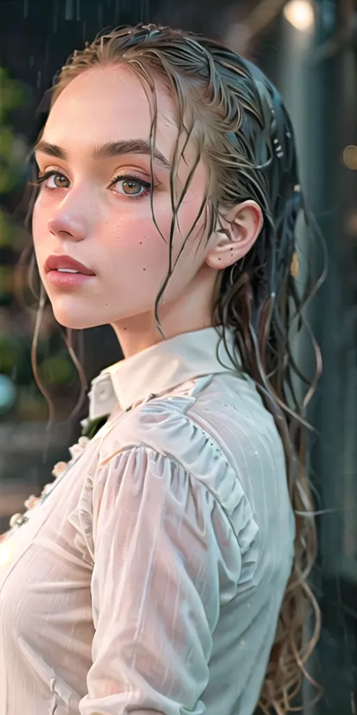 L'image montre une jeune femme aux cheveux mouillés et portant une blouse blanche. Elle se tient à l'extérieur sous la pluie, et ses cheveux dégouttent d'eau. Elle a une expression sérieuse sur le visage.