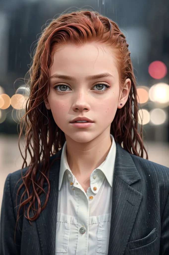 La imagen es un retrato de una mujer joven con el cabello largo y ondulado de color rojo. Lleva una camisa blanca y una chaqueta de traje negra. La mujer tiene un maquillaje ligero y mira a la cámara con una expresión seria. Su cabello está mojado, como si la hubieran sorprendido bajo la lluvia. El fondo está desenfocado y hay luces a lo lejos.