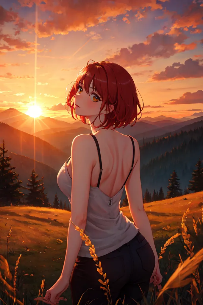 この画像には、背の高い草原に立っている若い女性が写っています。彼女は夕日を見つめています。太陽は山脈の後ろに沈んでいます。空は橙色と黄色のグラデーションで、わずかな筋状の雲が浮かんでいます。女性は白のタンクトップと黒のズボンを着ています。彼女は短い赤髪と黄色の瞳を持っています。両手を下に置いて立っており、表情は穏やかです。