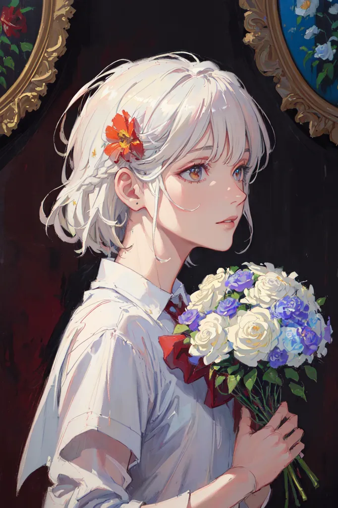 The image is a portrait of a young woman with short white hair and brown eyes. She is wearing a white shirt and a red ribbon in her hair. She is holding a bouquet of flowers. The background is dark with two frames with paintings on it. The woman is looking to the right of the frame.