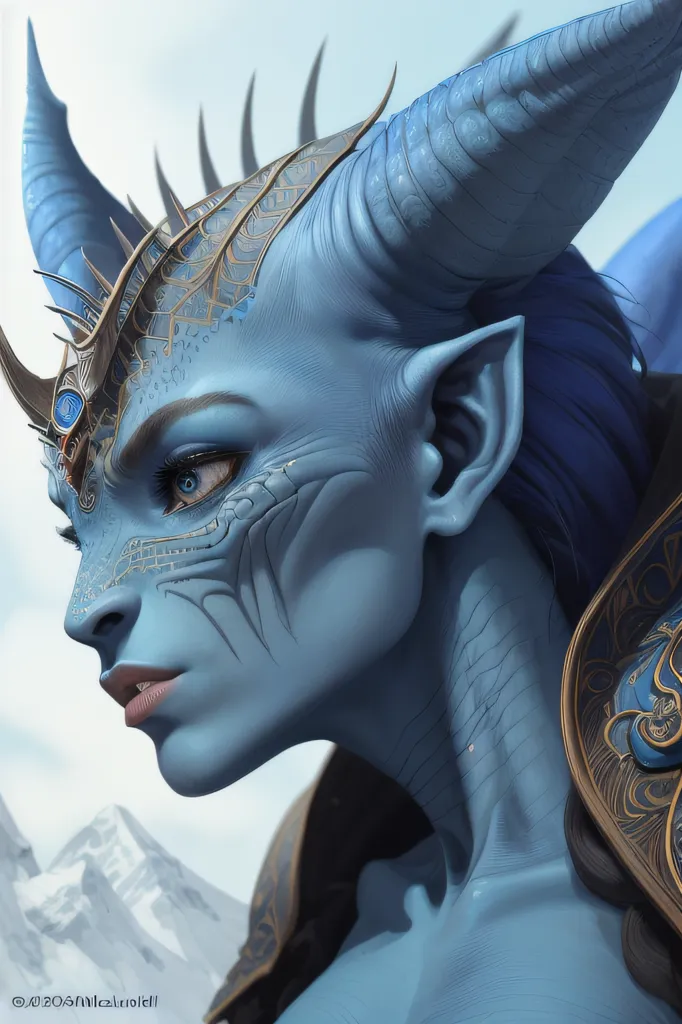 The picture shows a blue-skinned woman with silver hair and blue eyes. She has two curved horns on her head and pointed ears. She is wearing a golden necklace and a golden circlet with a blue gem in the center. She is also wearing a dark blue and gold breastplate. The background is a snowy mountain range.