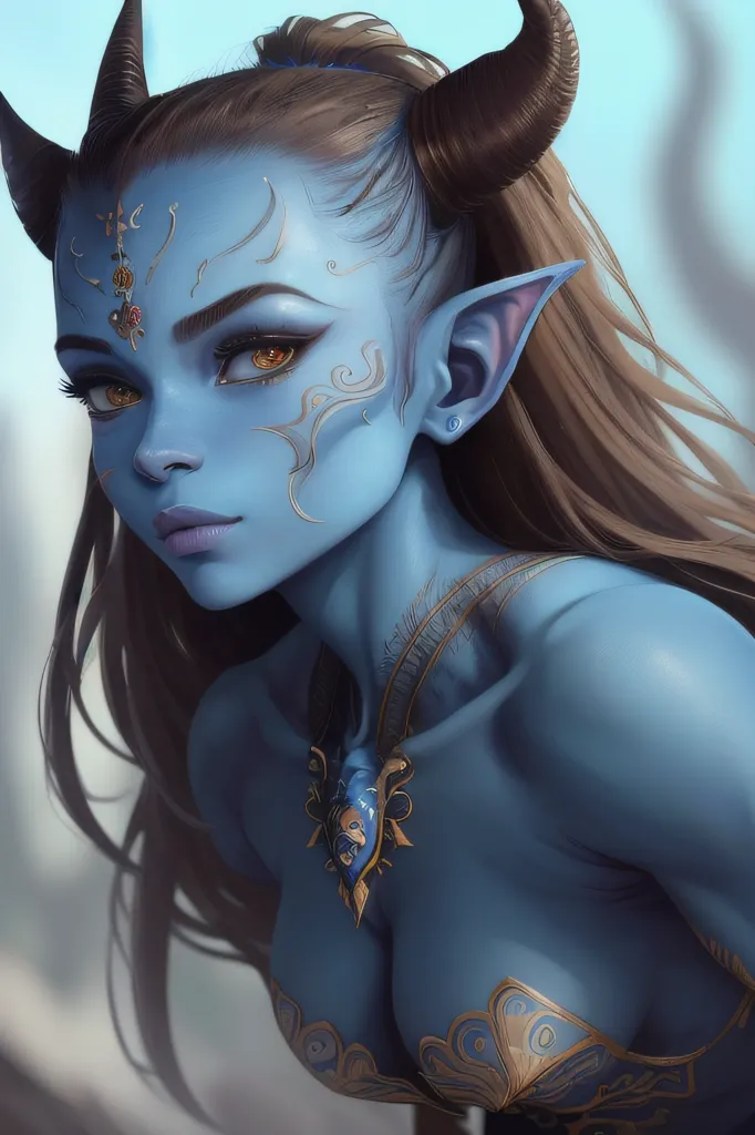 The image is of a blue-skinned woman with brown hair and horns. She is wearing a golden necklace and has a golden earring in her left ear. Her eyes are yellow and she has a beauty mark on her right cheek. She is wearing a blue and gold bikini top. She has a serious expression on her face.