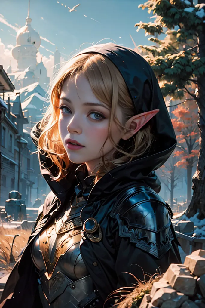 The image is of a beautiful young woman with long blonde hair, blue eyes, and pointed ears. She is wearing a black cloak with a hood and a golden breastplate. She is standing in a snowy forest, with a town in the background. The woman is looking at the viewer with a serious expression.