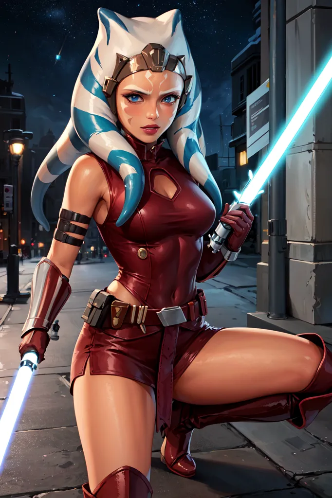 Esta é uma imagem de Ahsoka Tano, um personagem da franquia Star Wars. Ela é retratada como uma jovem mulher com montrais listrados de azul e branco, vestindo um traje vermelho e empunhando dois sabre de luz. Ela está em pé em uma cidade à noite, com um edifício ao fundo.