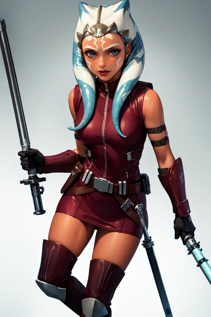 Esta es una imagen de Ahsoka Tano, un personaje de la franquicia de Star Wars. Se la representa como una mujer joven con piel azul y montrales blancos, que lleva un atuendo rojo y marrón y empuña dos sables de luz.