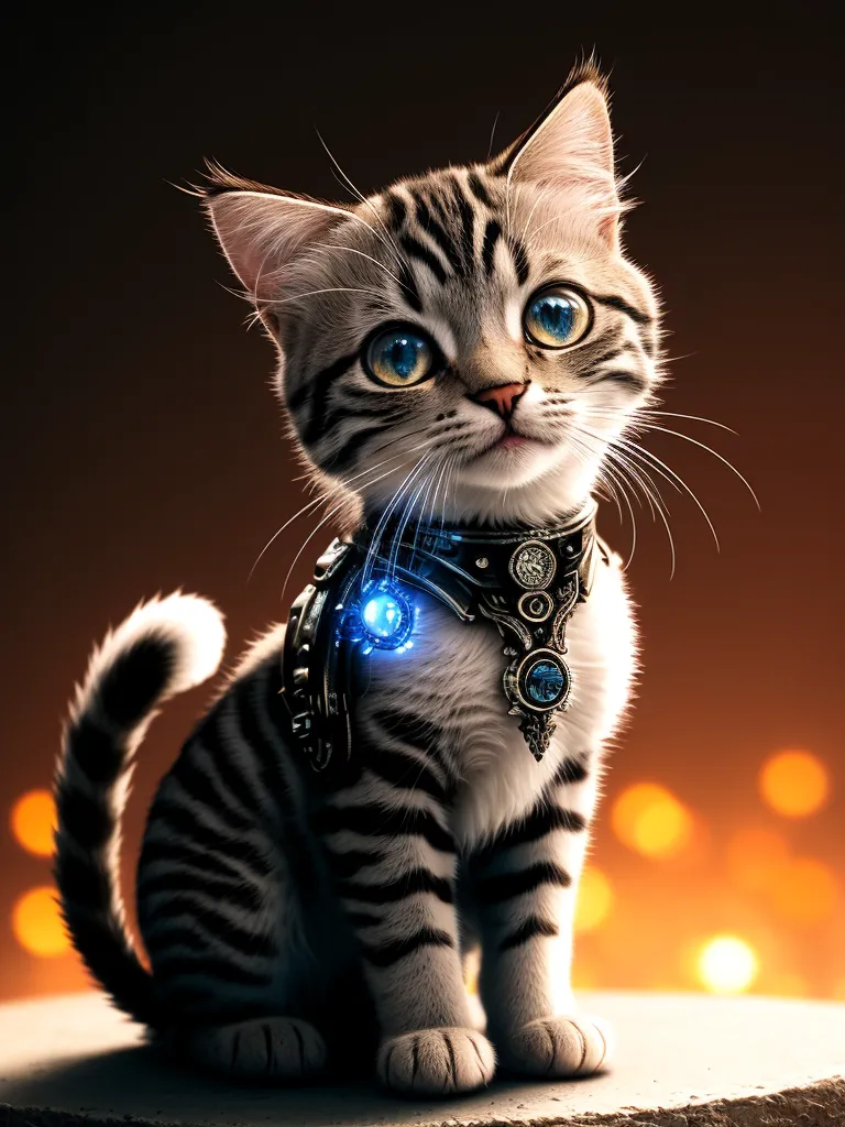 The image shows a small cat with wide blue eyes, a pink nose, and gray and white fur with dark gray stripes. It is wearing a metal collar with a glowing blue orb in the center. The cat is sitting on a stone surface with a blurry background containing many small, glowing orange lights.