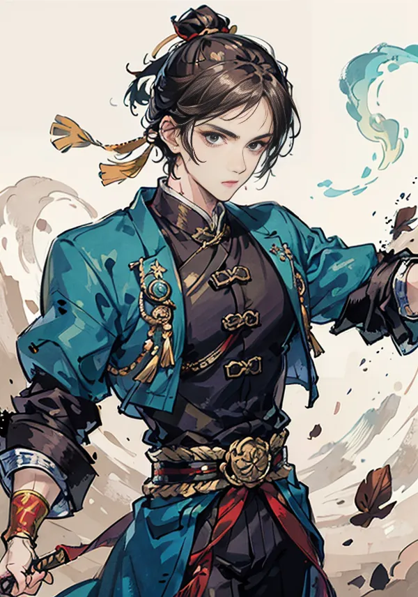 The image shows a young man in a blue and black outfit. He has long brown hair tied in a bun and brown eyes. He is standing in a fighting stance, with his left fist raised and his right hand holding a sword. He is surrounded by blue and white energy.