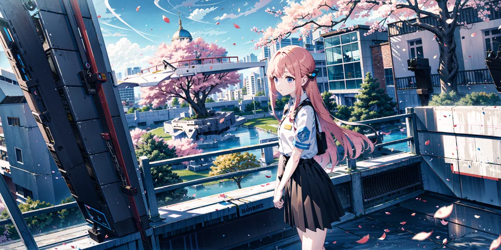 The image is a depiction of a futuristic city with a large cherry blossom tree in the center. The city is full of tall buildings and skyscrapers, and there are people walking around on the streets. The sky is blue and there are some clouds in the distance. The image is very detailed and the colors are vibrant. The girl is standing on a rooftop, looking out at the city. She is wearing a white shirt, black skirt, and pink tie. Her hair is long and pink, and her eyes are blue. She is holding a book in her hands. The image is peaceful and serene, and it captures the beauty of the city and the girl.